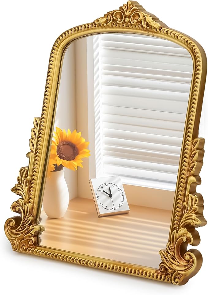 SIBAO Gold Vintage Baroque Vanity Mirror,11.8" x 9.6" Arched Tabletop Makeup Mirror with Stand and Hook,Free Standing for Bedroom,Living Room,Dresser Desktop