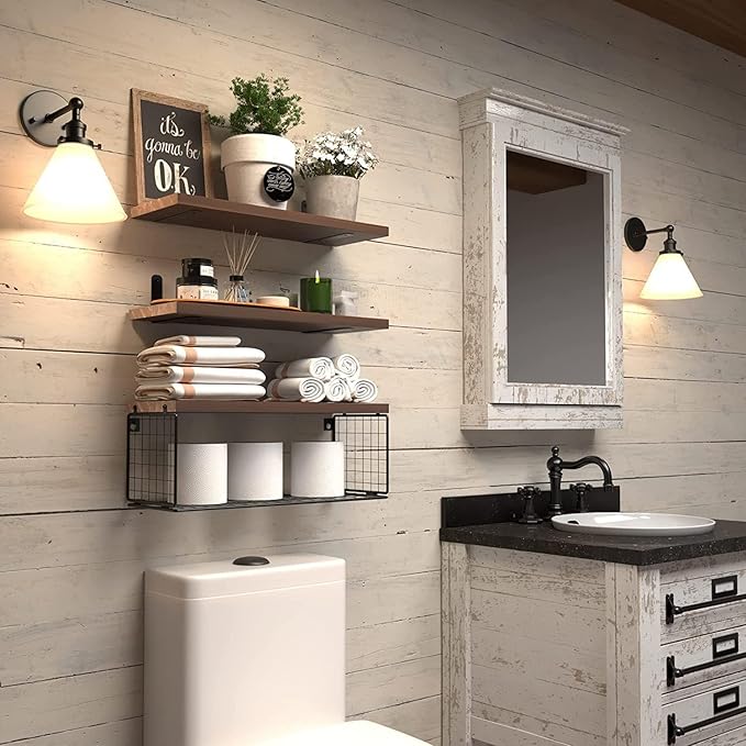 Bathroom Shelves Over Toilet, Set of 3 Wall Mounted Floating Shelves with Storage Basket Rustic Wood Shelf for Home Organization, Wall Decor for Bathroom, Kitchen, Living Room. (Brown)