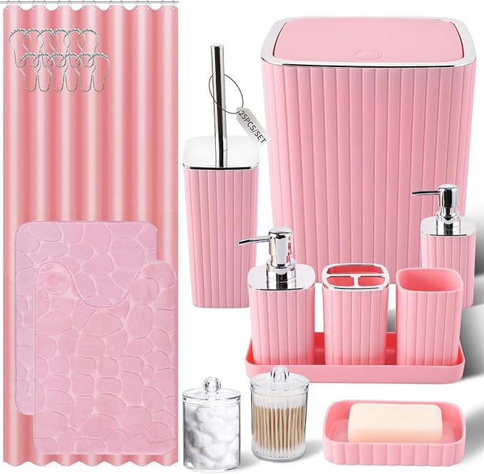 XLHOMO Bathroom Set with Shower Curtain and Rugs- 25PC Pink Bathroom Accessories, Shower Curtain Set, Toilet Brush, Trash Can, Qtip Holder & Soap Dispenser