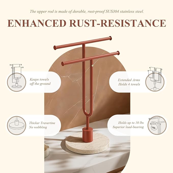 Towel Holder Stand with Natural Travertine Base Stainless Steel Hand Towel Holder Rack for Bathroom Countertop Unique Free Standing Towel Bar Holds 2 Towels for Kitchen Countertop (Reddish-Brown)