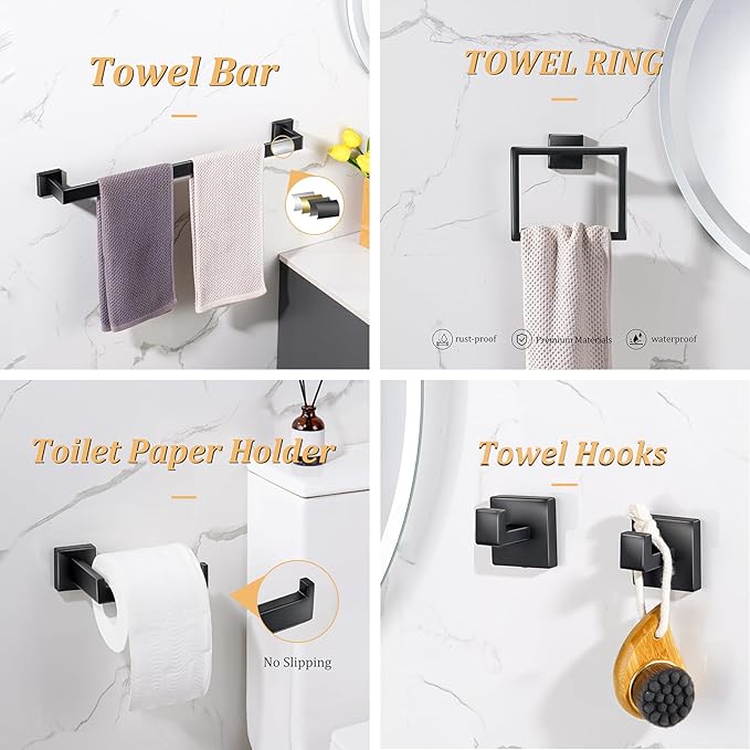 Bathroom Hardware Accessories Set 5 Pieces Matte Black Towel Bar Set, Wall Mounted Towel Rack Toilet Paper Holder Stainless Steel Bath Coat Hooks 24 Inch