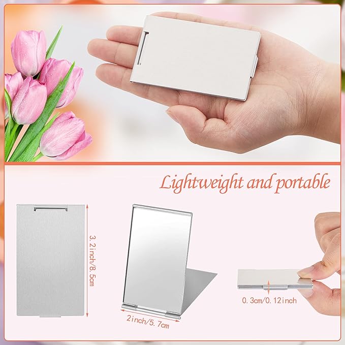 Blulu 2 Pieces Mini Portable Folding Mirrors for Purse, Ultra Slim Pocket Makeup Travel Aluminum Shell Compact Cosmetic Mirrors for Makeup Palette(3.35 x 2 Inches)