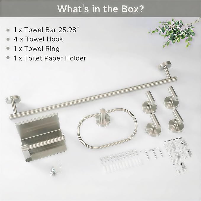 7-Piece Bathroom Hardware Accessories Set SUS304 Stainless Steel Towel Bar Set Wall Mounted 25.9-Inch Towel Rack, Towel Ring, Toilet Paper Holder with Shelf & 4 Hooks, Silver