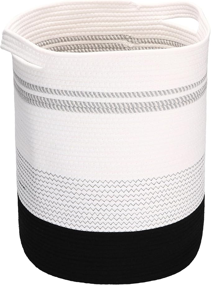 Sea Team Large Size Cotton Rope Woven Storage Basket with Handles, Laundry Hamper, Fabric Bucket, Drum, Clothes Blankets Organizer for Kid's Room, 18 x 20 inches, Round Open Design, White & Black