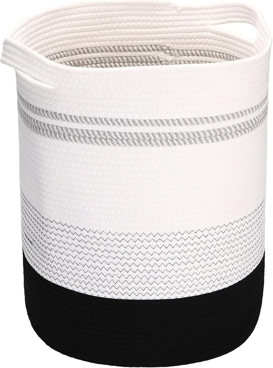 Sea Team Large Size Cotton Rope Woven Storage Basket with Handles, Laundry Hamper, Fabric Bucket, Drum, Clothes Blankets Organizer for Kid's Room, 18 x 20 inches, Round Open Design, White & Black