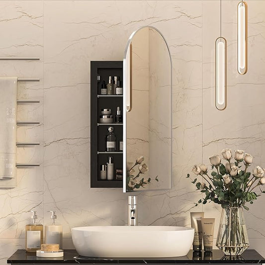 Recessed Medicine Cabinet Mirrors for Bathroom,Arched Medicine Cabinet with Mirror,Metal Edge Bathroom Mirror with Storage,Brushed Nickel Mirrored Cabinet,Open from Left to Right,16x31