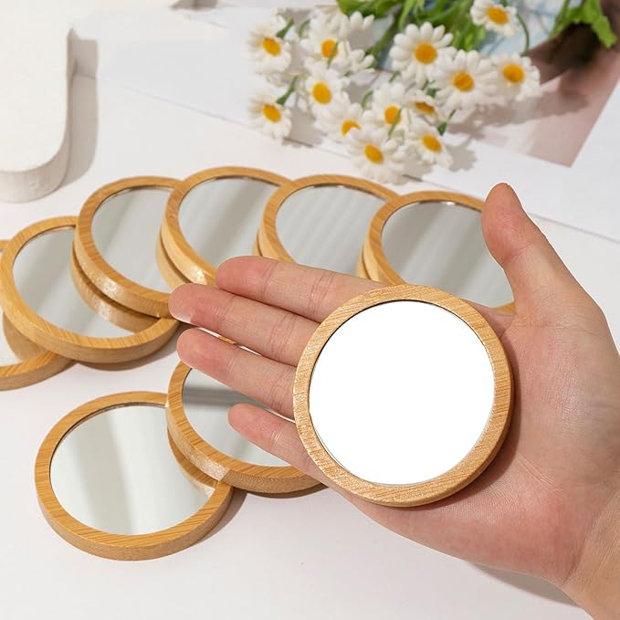 6 PCS Wooden Portable Mini Makeup Mirror Small Round Glass Small Pocket Mirror Women's Hand Mirror Portable Women's Hand Mirror(Round)