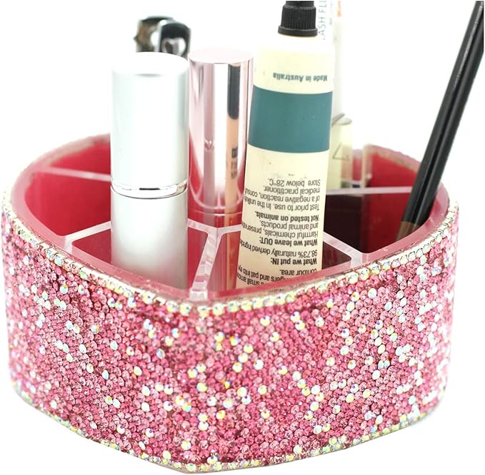 Desktop Cosmetic Storage Box 8-hole Heart-Shaped Bling bling Rhinestone Cosmetic Tools storage Box Jewelry Storage Box (Pink)