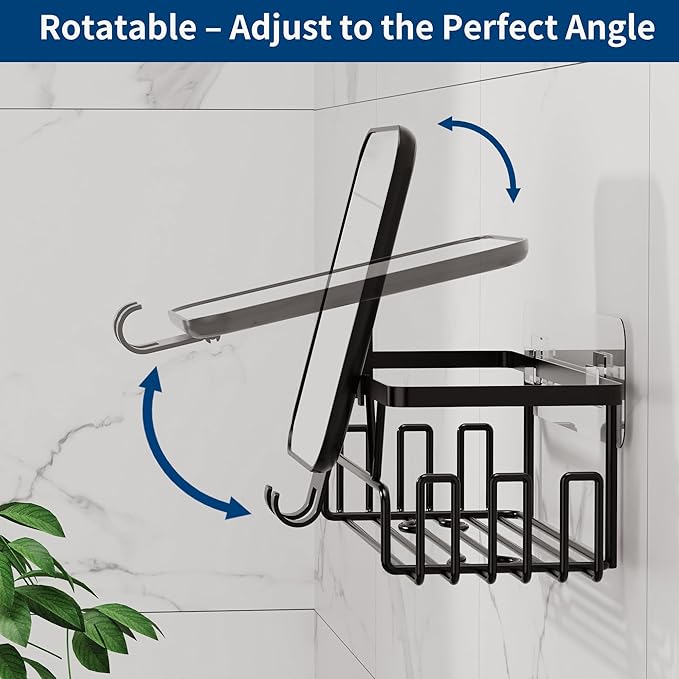 KEGII 4 Pack Adhesive Shower Caddy with Fogless Shower Mirror, Shower Organizer with Soap Holder, Razor Holder & Hooks, No-Drill Rustproof Bathroom Storgae Rack, Black