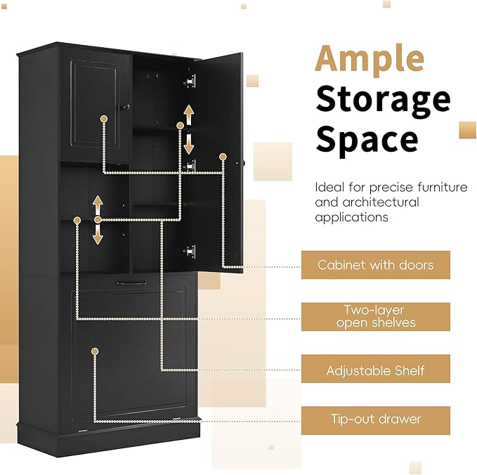 Virubi Tall Laundry Cabinet with Tilt Out Hamper, Wood Tall Laundry Room Cabinets with Doors, and Adjustable Shelves, for Bathroom Storage Organization, Freestanding, Black