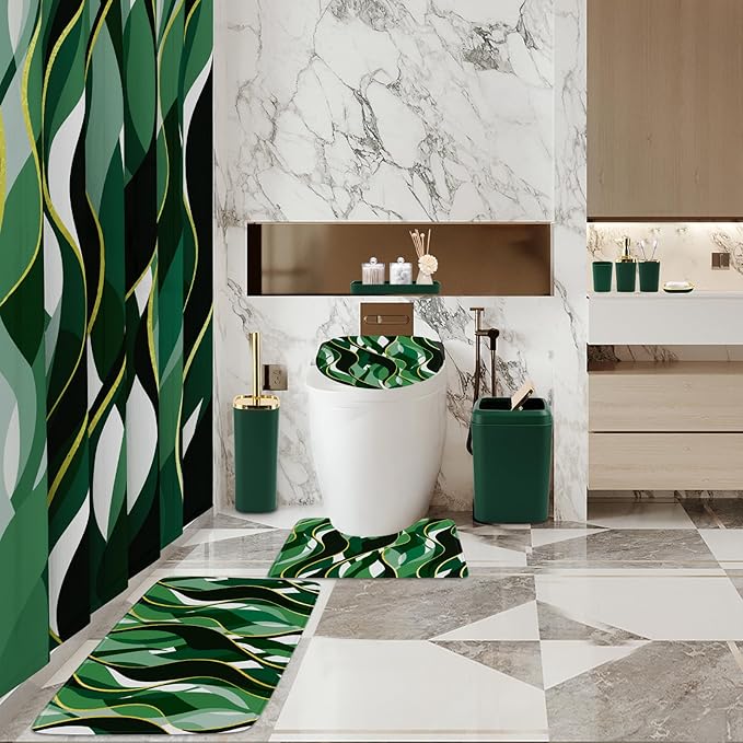 XLHOMO Bathroom Set - Green and Gold Bathroom Accessories, Bathroom Sets with Shower Curtain and Rugs, Green Shower Curtain Set with Bathroom Trash Can, Soap Dispenser, Soap Dish for Home Decor