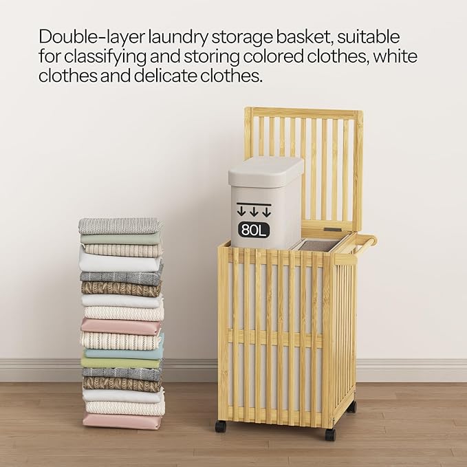 HOOBRO Laundry Hamper with Lid and Wheels, 120 L (31Gal) Double Laundry Basket, Bamboo Clothes Hamper with Handles and Removable Liner, for Laundry Room, Bathroom, Bedroom, Natural YL60XY01
