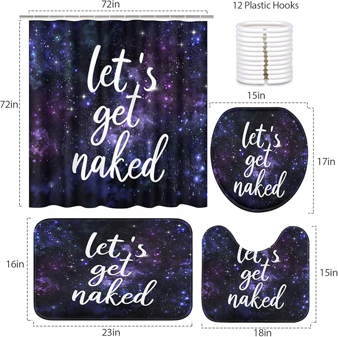 ArtSocket 4PC Black and Purple Let's Get Naked Shower Curtain Sets Starry Sky Bathroom Decor with Rugs, Non-Slip Rug,Toilet Lid Cover, Bath Mat and 12 Hooks 72x72 inches