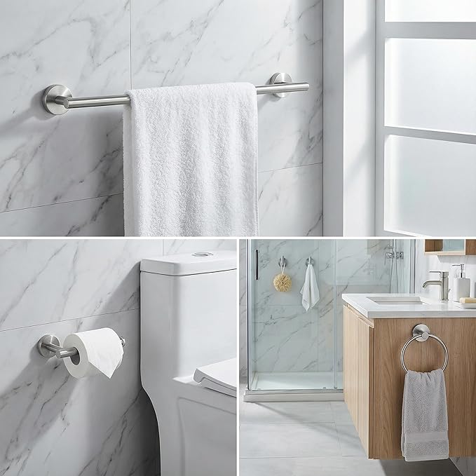 5-Piece Bathroom Hardware Set, Brushed Nickel SUS304 Stainless Steel Bathroom Accessories, 24" Towel Bar, Toilet Paper Holder, Towel Ring & 2 Robe Hooks, Wall Mounted, Rustproof Modern Design