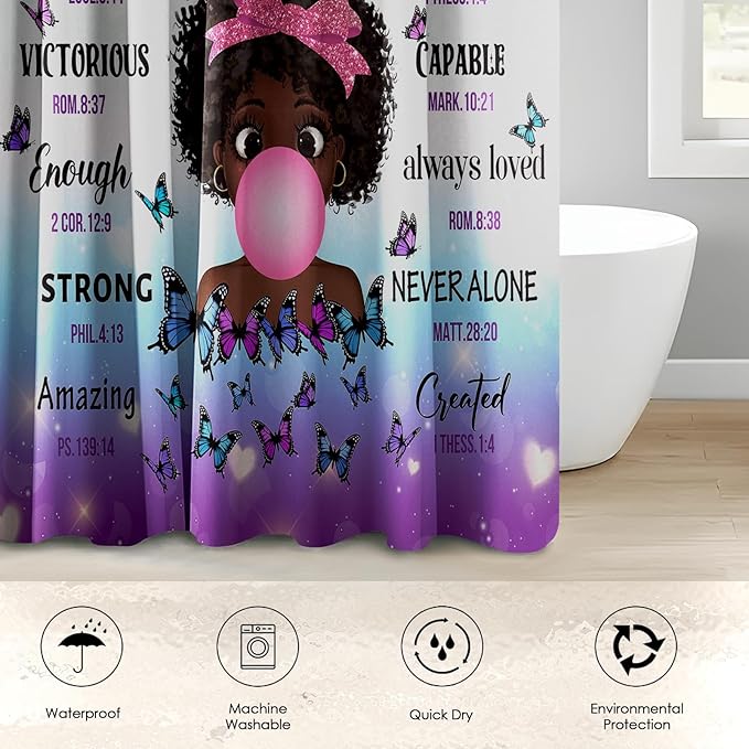 4 Piece Shower Curtain Set, Inspirational Thoughts Waterproof Bathroom Set Accessories with Non-Slip Rugs, Toilet Lid Cover Bath Mat and 12 Hooks, Cute African Black Girl Home Decor 72" x 72"