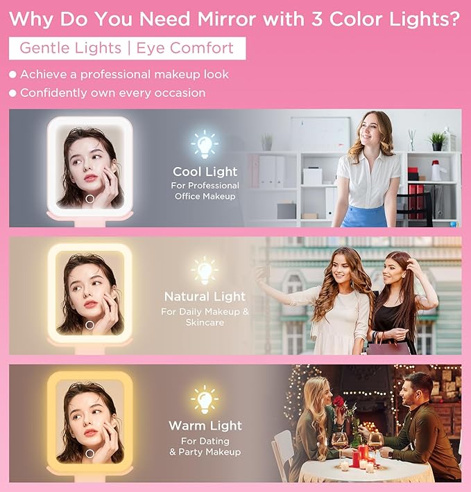 EAONE Travel Makeup Mirror with Lights, Double Sided Magnifying Vanity Mirror 10X/1X with 3 Color Lighting & Dimmable Touch Screen, Compact Handheld Cosmetic Mirror for Bathroom, Women Gifts (Pink)