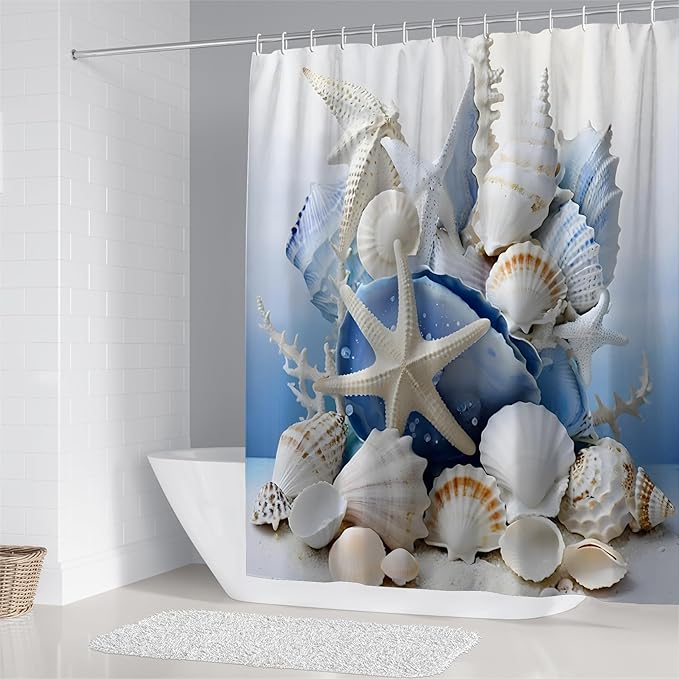 Chrainy 4Pcs Beach Conch Shower Curtain Sets Sea Shell Bathroom Set Decor with Non-Slip Rugs Bath U-Shaped Mat Toilet Lid Cover Waterproof Starfish Bathroom Curtain Shower Set with 12 Hooks