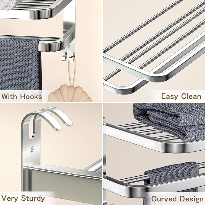 DDS-DUDES 15 Inch Bathroom Towel Rack Towel Shelf with Double Towel Bars Lavatory Wall Mount Holder with Hooks Stainless Steel Hotel Bath Rack