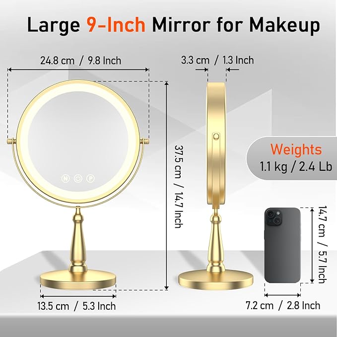 Vanity Mirror with Lights, 9'' Lighted Makeup Mirror, 1X/30X Double Sided Magnifying Mirror, 5000mAh Rechargeable, 3 Color Dimmable LED, 360° Rotation Desk Mirror for Makeup & Skincare, Gold