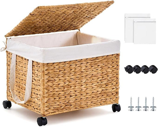 Rolling Laundry Hamper with Lid, Natural Water Hyacinth Basket with Removable Liner, Wheel or Non-Slip Installation Laundry Basket for Home Use (Natural, 60L)
