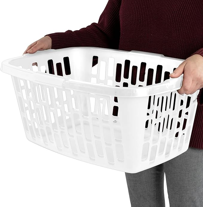 6 Pack 1.5 Bushel Rectangular Plastic Laundry Basket & Hamper - Ventilated Sides, Stackable & Portable with Comfort Grip Handles, Reinforced Rim for Laundry Room, Bedroom, Bathroom & Dorm, White