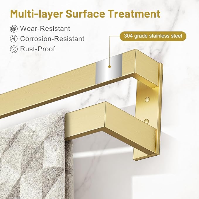 TNOMS Double Towel Bar,Towel Rack for Bathroom Stainless Steel Wall-Mounted Bathroom Hardware Accessories Brushed Gold 32 Inch