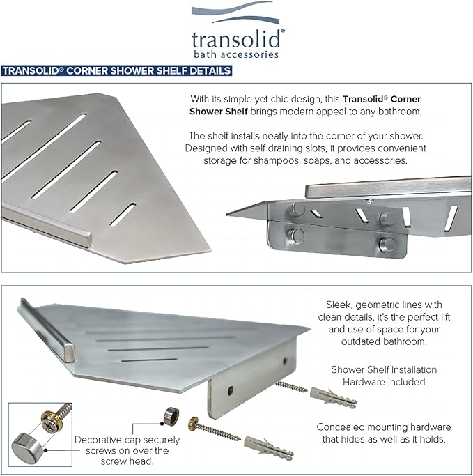 Transolid K-J20-SSC-BS Shelf Kit 20-in Jocelyn Grab Bar Shelf/2 Corner Shelves, Brushed Stainless