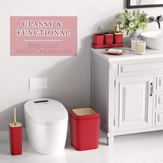 XLHOMO Dark Red Bathroom Accessory Set, 9-Piece Burgundy Bathroom Set with Trash Can, Toothbrush Holder, Toothbrush Cup,Soap Dispenser,Soap Dish,Toilet Brush Holder,2 Qtip Holder Dispensers and Tray