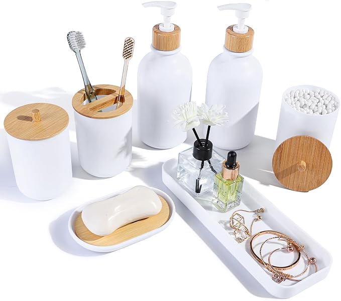 Matte White Bathroom Accessories Set 7 Pcs,Bamboo Bathroom Accessories Sets,White Soap Dispenser and Toothbrush Holder Set,Qtip Holder,Vanity Tray,Soap Dish,Modern Bathroom Decor