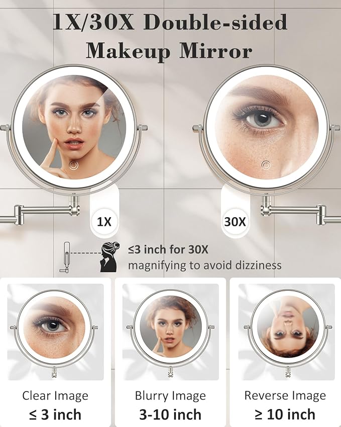 9'' 30X/1X Wall Mounted Lighted Makeup Mirror, Height Adjustable Double Sided 5000mAh Rechargeable Magnifying Bathroom Mirror with Light, 3 Color Modes Touch Dimmable Extended Arm 360 Rotation