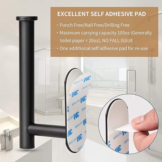 LAYUKI Toilet Paper Holder,Matt Black, Wall Mount,Upgraded Adhesive Toilet Paper Roll Holder,no Drilling,Bathroom/Rv/Washroom, SUS 304 Stainless Steel, Rustproof (Black, 2 Pieces)