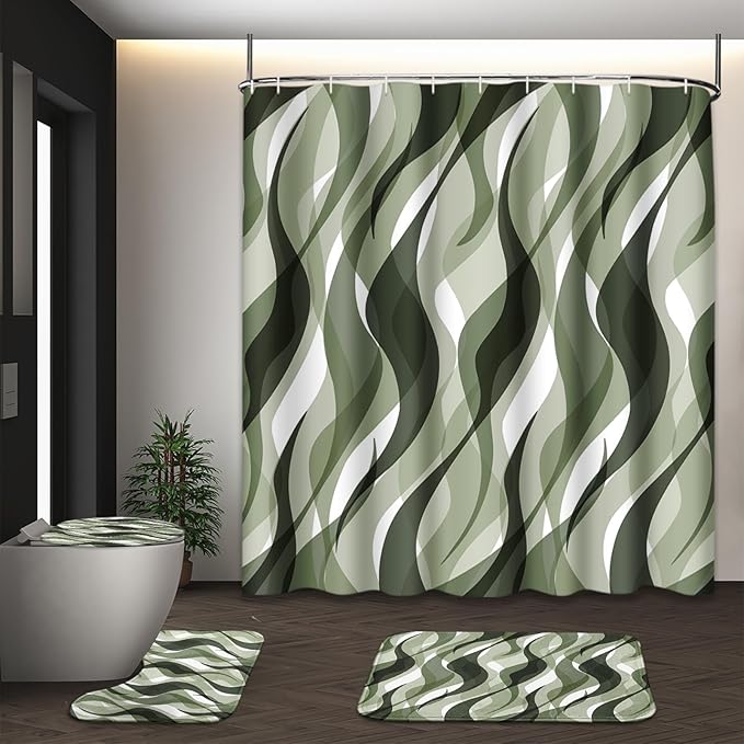 Green Shower Curtain Set with Toilet Lid Cover and Non-Slip Rugs for Bathroom, Geometric Lines Ombre 4 Pcs Shower Curtain, Simple Abstract Modern Bathroom Set with 12 Hooks