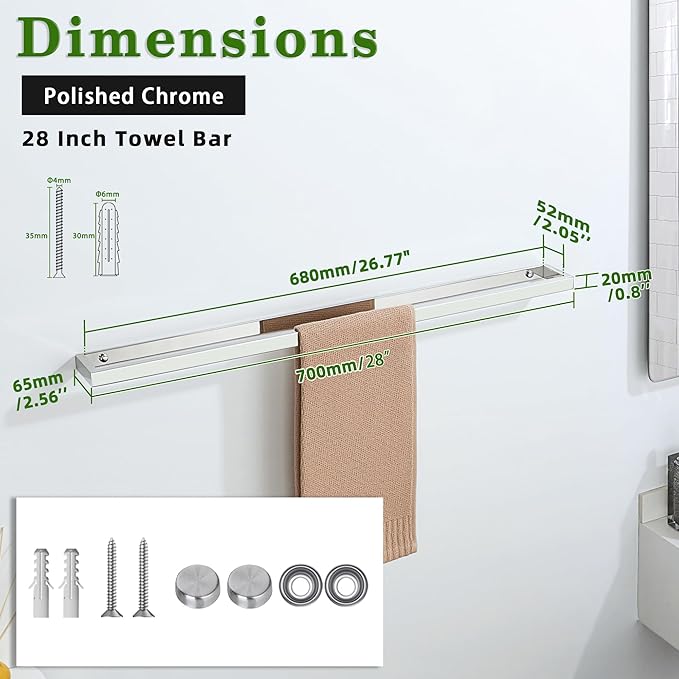 Alise 20 Inch Towel Bar,Towel Holder for Bathroom, Towel Racks for Lavatory,SUS304 Stainless Steel Hand Towel Hanger,Wall Mount Towel Rail,Polished Chrome