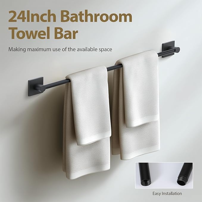 Bathroom Accessories Set Matte Black Towel bar Set, 4 piece Towel Rack Set Towel bar for Bathroom wall Mounted Durable 24 inch Towel bar Robe Hook Towel Ring Toilet Paper Holder