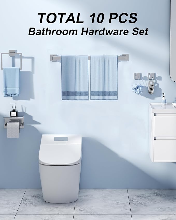 Brushed Nickel Bathroom Accessories Set, 10-Piece Stainless Steel Bathroom Accessories with Double 24" Towel Bars, 2X Toilet Paper Holders with Shelves, 4X Towel Hooks, 2X Towel Rings