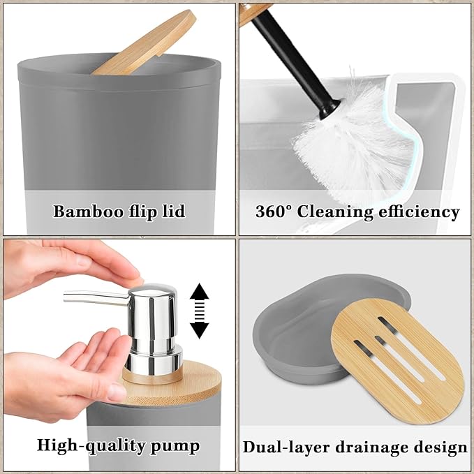 Britimes Bathroom Accessories Set, 19PC Grey Shower Curtain Set with Trash Can, Soap Dispenser, Toilet Brush Holder, Toothbrush Holder and Toothbrush Cup for Bathroom Decor