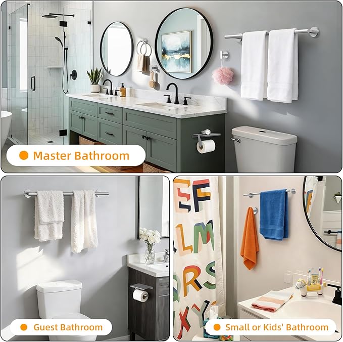 Brushed Nickel 5-Piece Bathroom Hardware Set, SUS304 Stainless Steel, Round Towel Bar, Towel Ring, Toilet Paper Holder, 2 Robe Hooks, Concealed Mount, Wall Mounted Accessories for Bathroom
