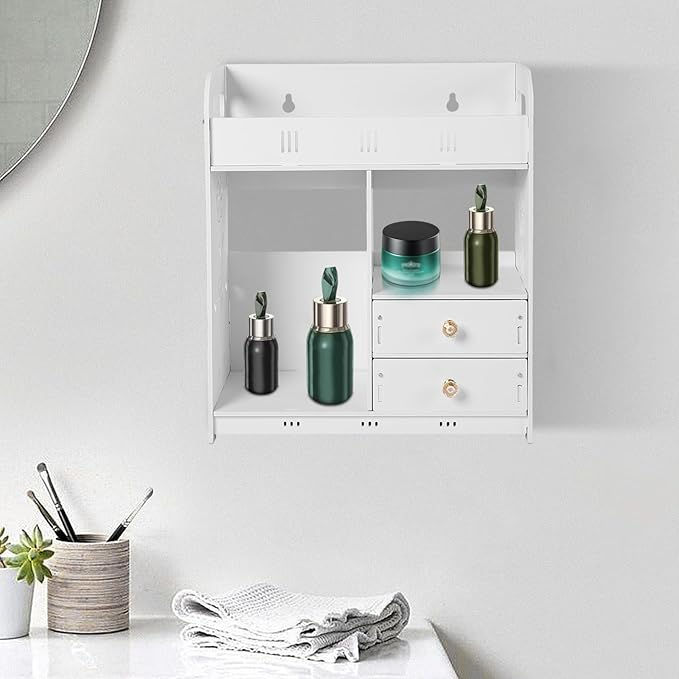 LYNICESHOP Wall Mount Bathroom Cabinet with 2 Drawers,Waterproof PVC Wall Shelf for Bathroom Storage, 33lbs Capacity Nail-Free Adhesive Mount, White Modern Vanity Organizer