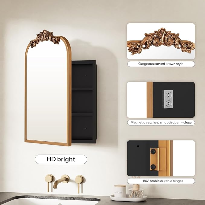 16x24 Inch Bathroom Medicine Cabinet with Mirror, Recessed or Surface Mount, Sturdy, Durable & Easy Installation, Vintage Metal Frame(Gold)