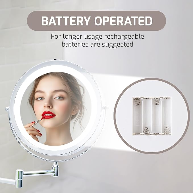 OVENTE Wall Mounted Lighted Makeup Mirror, 9" Double Sided 1X/10X Magnifying Vanity Mirror for Bathroom with LED Lights, Cordless, 360° Rotation and 13" Extendable Arm, Polished Chrome MFW85CH1X10X