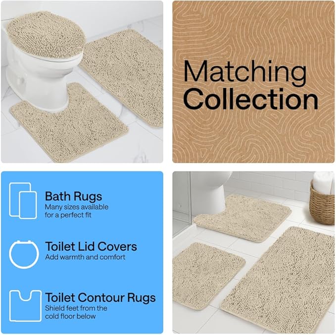 GORILLA GRIP Plush Absorbent Shaggy Chenille Bath Rug Mat for Square Toilet Base with Rubber Backing, Machine Washable Rugs, Soft Microfiber Contour Mats for Toilets, Bathroom Decor, Sand