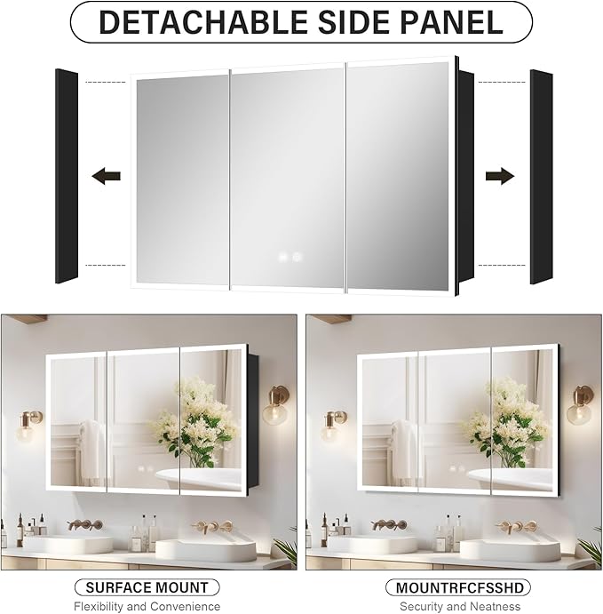 48×32inch Medicine Cabinet with Light,Recess Medicine Cabinet for Bathroom,3 Color,Dimmable,Demister,Detachable Side Plate for Recess Mount or Surface Mount
