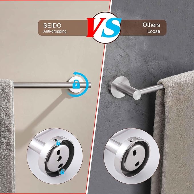 SEIDO Anti-Dropping Towel Holder with 21.4" Hanging Length, Stainless Steel Towel Bar for Bathroom Wall, Double Locking Design Towel Rack for Bathroom, Brushed Nickel, 24 Inch, 2pc