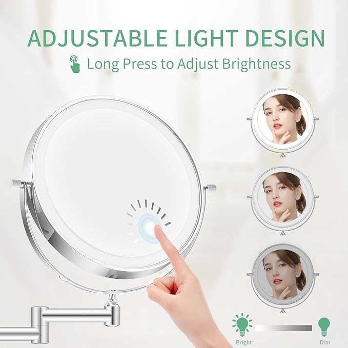 ALVOROG Wall Mounted Makeup Vanity Mirror 8 inch 3 Color Lighting Dual Power Supply Touch Screen Light Adjustable Timing Cosmetic Mirror 1X/5X Magnifying 360° Swivel Shaving Light up Bathroom Mirror