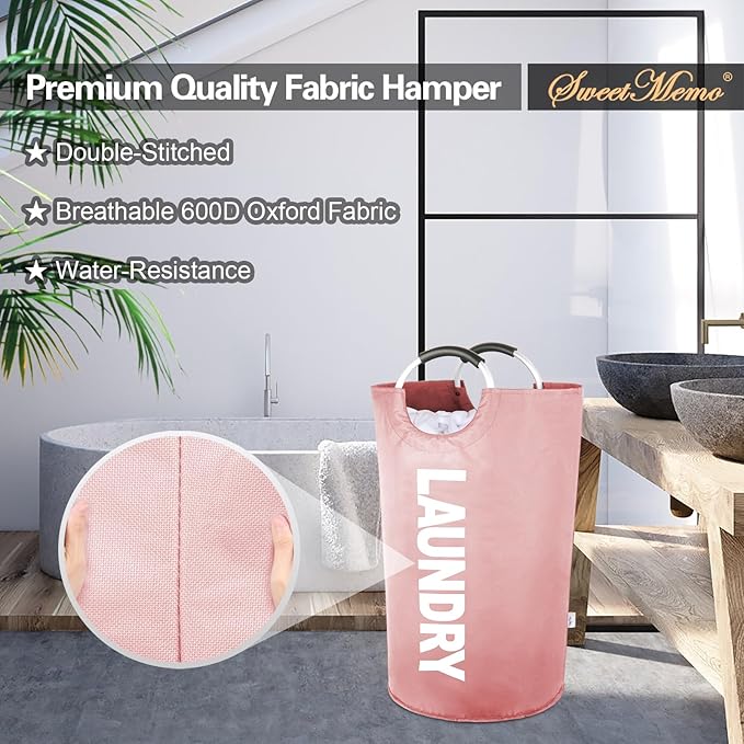 Large Laundry Basket Collapsible???Freestanding Clothes Hamper Bag with Handles ?€? Tall Folding Dirty Laundry Bin???Sturdy Laundry Sorter for College Dorm???Laundry Room ?€? 95L (Pink)