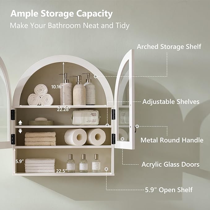 IFGET Bathroom Arched Wall Cabinet, 23.6'' Wide Medicine Cabinet with Adjustable Shelves & Glass Doors, Over The Toilet Storage Wall Mount Cabinet for Laundry Room,Kitchen & Living Room, Antique White