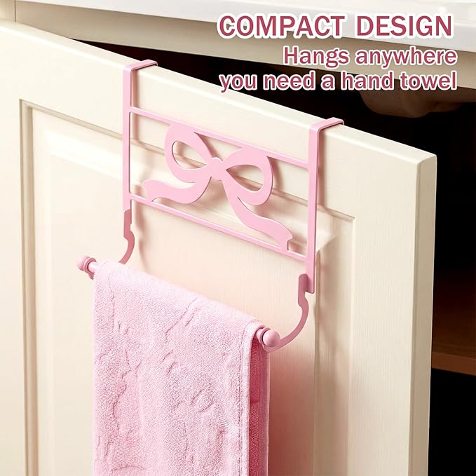 Cabinet Door Towel Holder Pink Bow Over The Cabinet Cupboard Door Towel Rack Metal Decorative Kitchen Dish and Hand Towels Bar Holder Coquettish Preppy Decor for Bathroom Kitchen