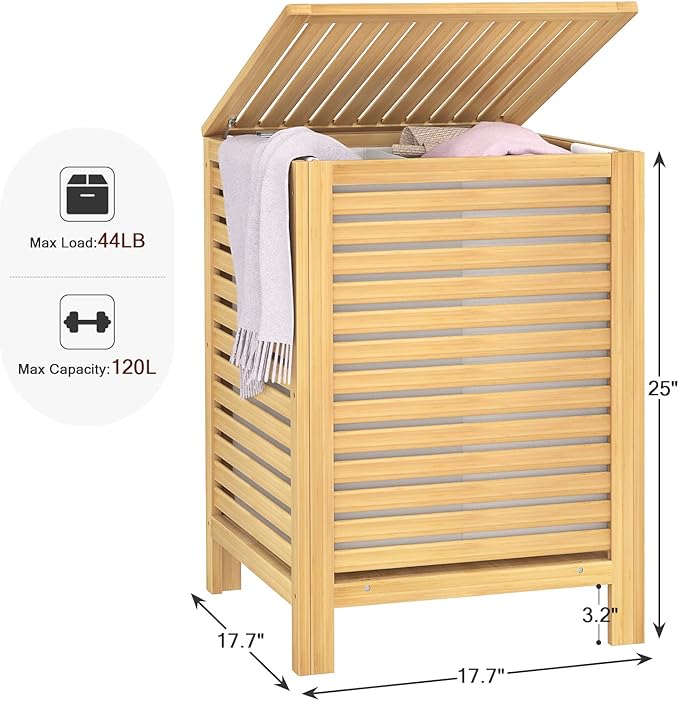 Homykic Bamboo Laundry Hamper with Lid, 120L Large Clothes Laundry Sorter with Removable 2-Section Liner Bag, Raised Laundry Basket Organizer for Clothing, Bathroom, Bedroom, Laundry Room, Natural