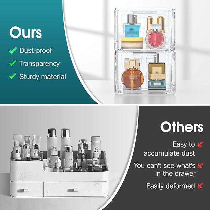 StorMiracle 2 Pack Clear Makeup Organizer and Acrylic Organizers???Plastic Storage Bins with Handles for Vanity, Kitchen Cabinets, Pantry Organization and Storage
