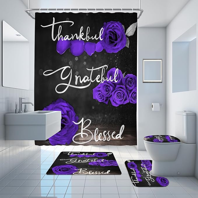 Onalasyc 4Pcs Purple Rose Shower Curtain Set with Rugs Waterproof Bathroom Sets with Shower Curtain and Rugs Romantic Rose Floral, Thankful Grateful Blessed Bathroom Curtains Shower Set,with 12 Hooks
